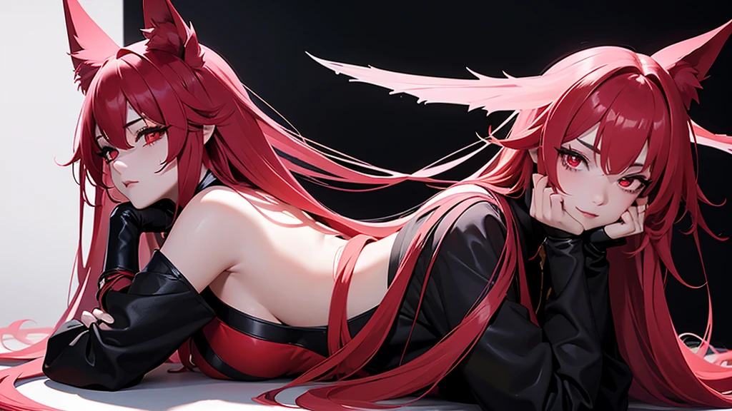 Black simple background。 A lustful virgin sits drunk and red faced。 Long pink hair and wolf ears。Red eyes。Heavy makeup。 Ninja costume with main color black and sub color red。 Side angle close-up of hips。 Draw hands in detail。