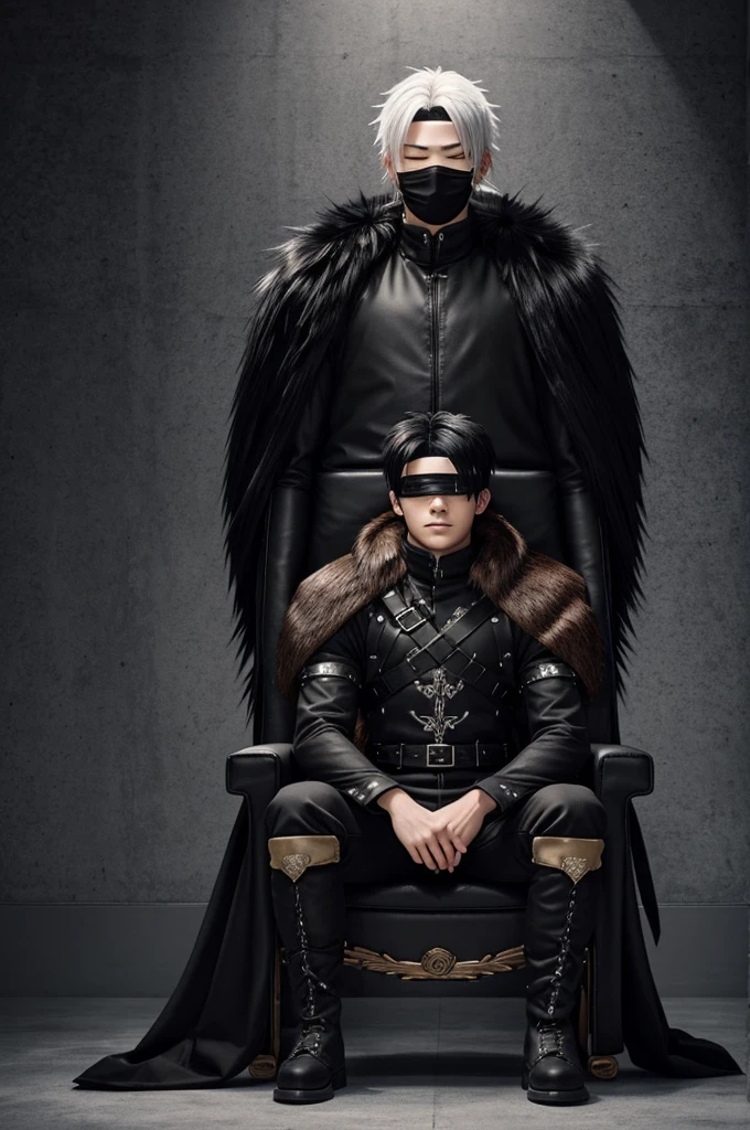 Full body anime style drawing of a 17 year old boy with two-tone black and white hair, with a black blindfold covering his eyes , with Nordic clothing, with light brown and black armor with fur, black pants and boots, sitting on a throne