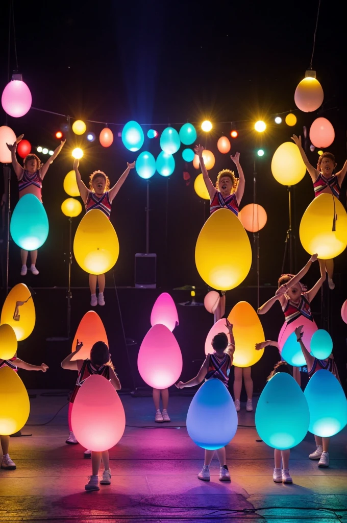 A group of eggs dressed as humans are performing a singing performance. The atmosphere is very lively with musical notes that appear and the light of the lights

colorful.

Describe the situation by emphasizing action, form, connection and space