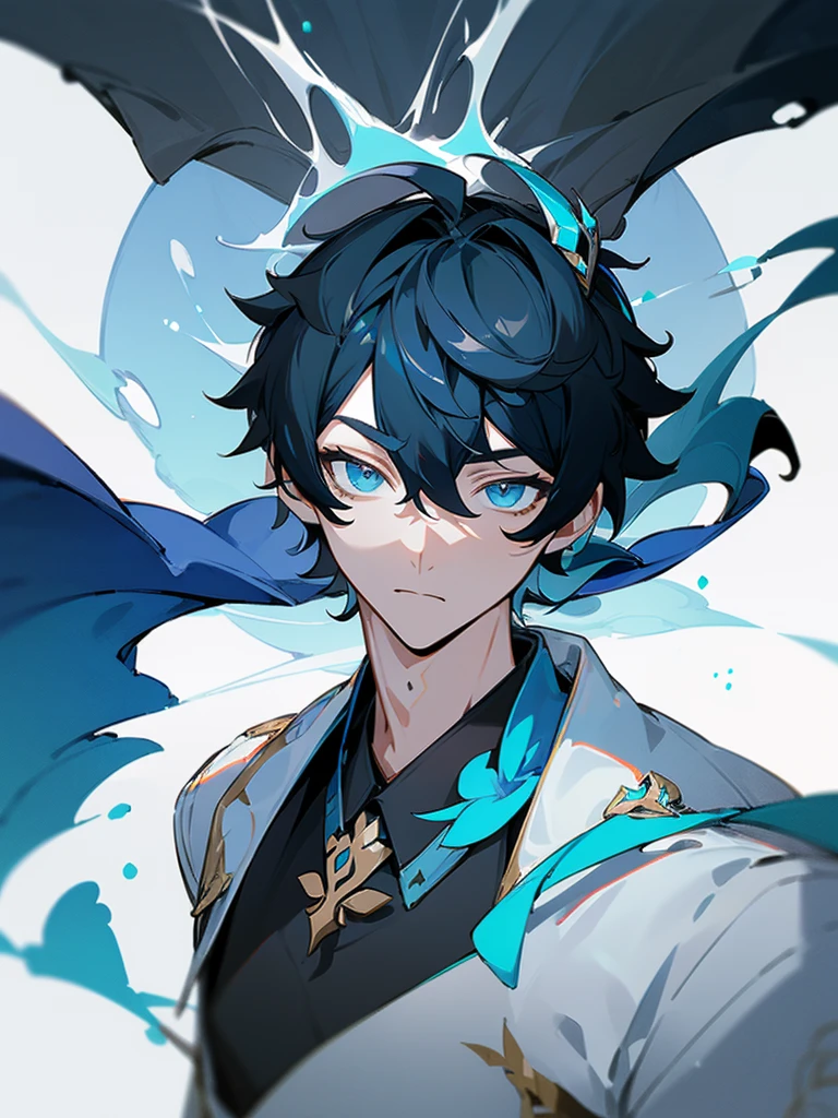 ((Genshin impact style)) (masterpiece), (high quality), (pretty boy face), 1 boy, 16 years, masculine and tall body, white skin, ((medium shoulder-height black hair)), ((light blue and cold eyes)), calm and neutral expression, designs from East Asian, Game character costume design, Japanese clothing style with a dark blue, white and black color palette, Japanese hair accessories, ((White background)) intricate details, lens flare，ultra high resolution，sharp focus，HD，8k，clear facial features，clear details，beautiful eyes，beautiful face
