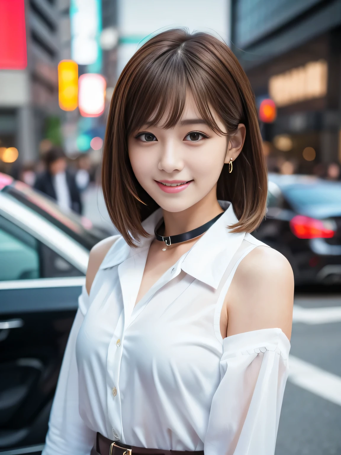 Ultra High Definition, Superior Quality, Premier Quality, ultra detailed, Photorealistic, 8k, RAW Photos, highest quality, masterpiece, Attractive girl, Stunning girl, Brown Hair, Shoulder Length Layered, asymmetrical bangs, K-pop Idol, Sophisticated girl, white shirt with collar, Shibuya, seductive smile,