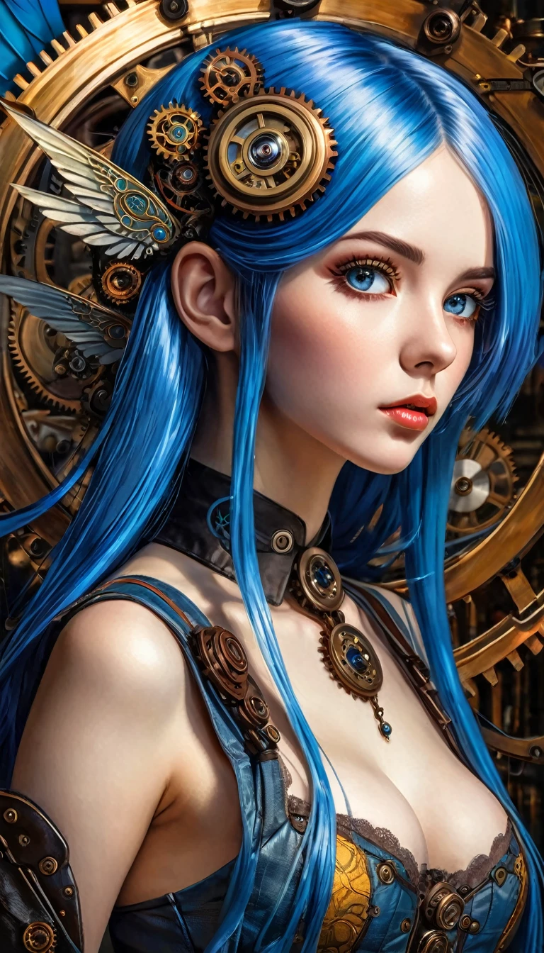 realistic highly detailed oil painting, 1girl, asymmetrical wings, long blue hair, houjuu nue, Wambu, Wambu_Draws, detailed clockwork background, intricate gears, steampunk, dramatic lighting, cinematic, moody atmosphere, vivid colors, masterpiece, (best quality,8k,highres,masterpiece:1.2),ultra-detailed,(realistic,photorealistic,photo-realistic:1.37),studio lighting,extreme detail description,professional
