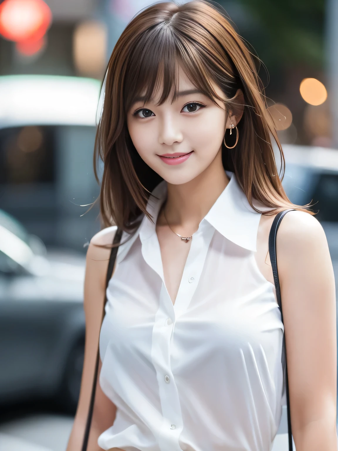 Ultra High Definition, Superior Quality, Premier Quality, ultra detailed, Photorealistic, 8k, RAW Photos, highest quality, masterpiece, Attractive girl, Stunning girl, Brown Hair, Shoulder Length Layered, asymmetrical bangs, K-pop Idol, Sophisticated girl, white shirt with collar, Shibuya, seductive smile,