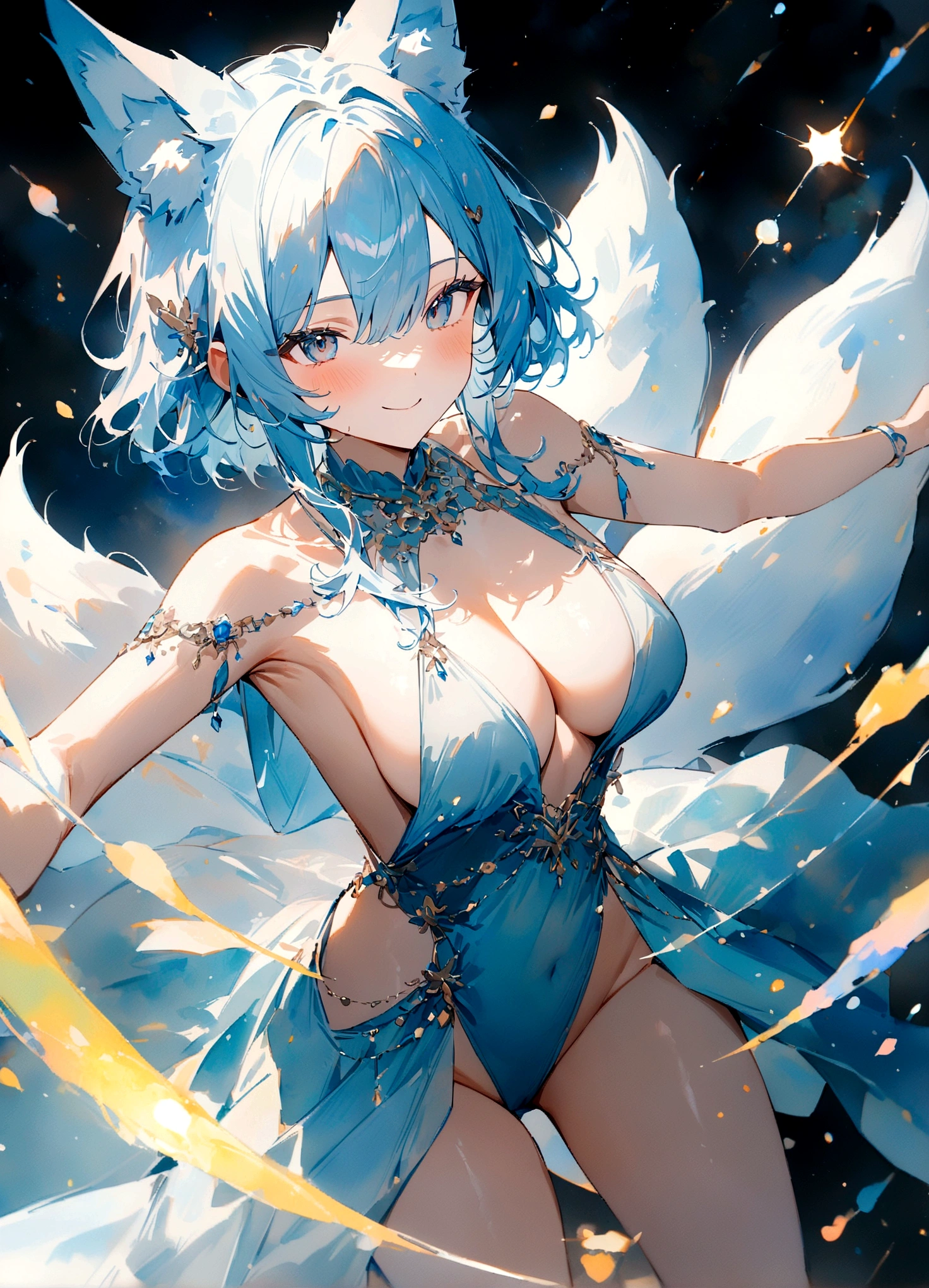 nsfw,(space action style), (Muted Tone), Delicate, Detail, Masterpiece,(colorful)illustration,(colorful)light particles, lens flare, women with smile, sideboob,shoulders,cleavage,sideless,thighs, Cowboy shot, close-up,from above, dynamic angle, dynamic pose, Artistic, memorable masterpieces, moments in history,(fantastical and mesmerizing scenery) Watercolor:1.6, Delicate, Detail, (masterpiece:1.2),(best quality:1.2),newest,intricate details, fox ears, ear hair