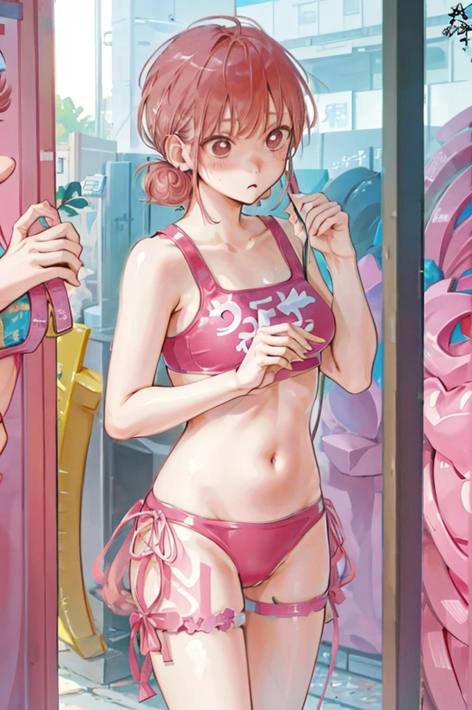 Pink Hair、Under both ears２Three-bun hairstyle、Swimwear、Blushing、Pink Bikini、Sexy pose、locker room