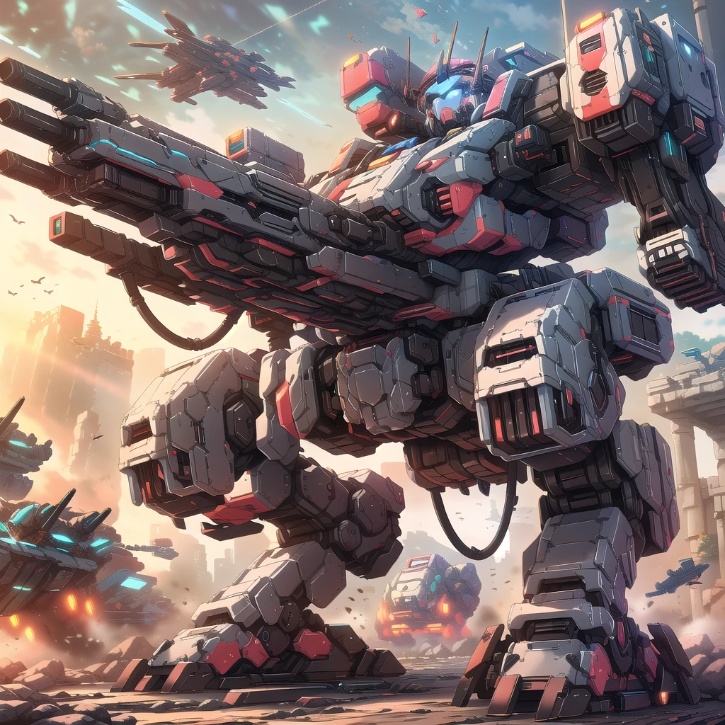 (masterpiece:1.2), best quality, high resolution, extremely detailed CG, absurdres, highres, Sci-fi world where a mecha girl sits inside a machine with giant robot arms and legs on a battlefield, and the girl holds the lever of the machine,Colorful portraits
