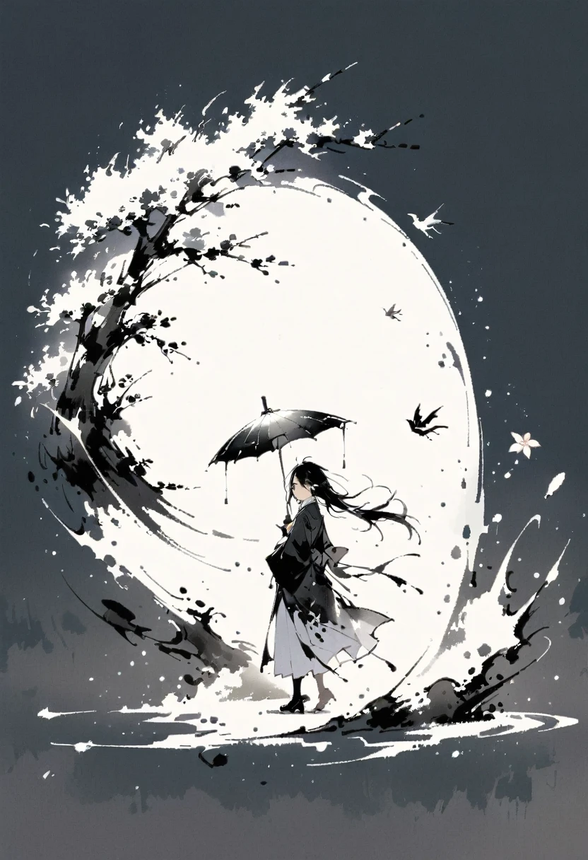 艺术Ink Painting，立体Ink Painting，Minimalism，Minimalism的图形，Minimal Art，Chinese anime girl，whole body，Chinese，，Ink Painting，Umbrella，Falling Flowers，Black long hair，Black and white background，古韵White space，White space，大面积White space，Textured Matte，Low saturation，Minimalism构图，Main Composition