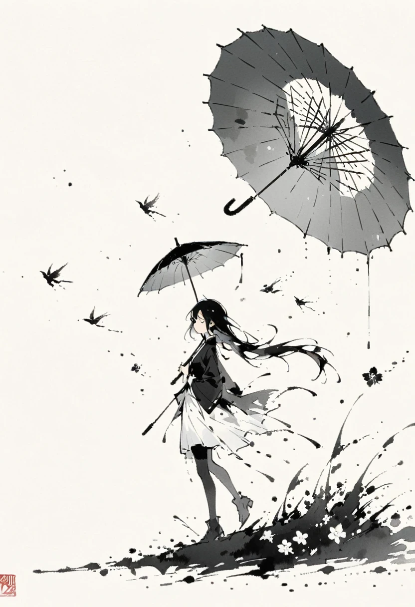 艺术Ink Painting，立体Ink Painting，Minimalism，Minimalism的图形，Minimal Art，Chinese anime girl，whole body，Chinese，，Ink Painting，Umbrella，Falling Flowers，Black long hair，Black and white background，古韵White space，White space，大面积White space，Textured Matte，Low saturation，Minimalism构图，Main Composition