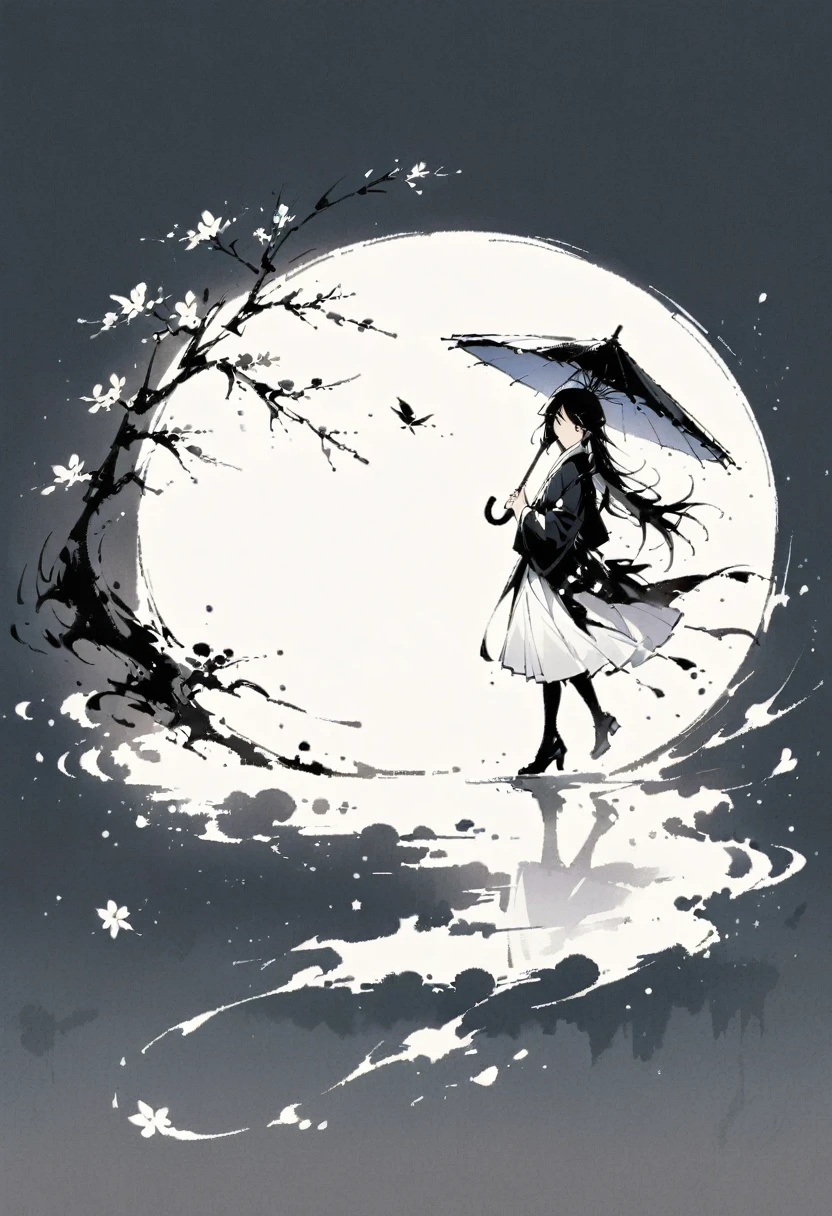 艺术Ink Painting，立体Ink Painting，Minimalism，Minimalism的图形，Minimal Art，Chinese anime girl，whole body，Chinese，，Ink Painting，Umbrella，Falling Flowers，Black long hair，Black and white background，古韵White space，White space，大面积White space，Textured Matte，Low saturation，Minimalism构图，Main Composition