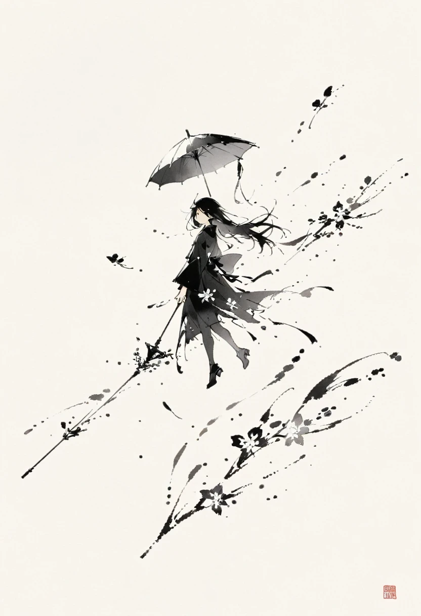 艺术Ink Painting，立体Ink Painting，Minimalism，Minimalism的图形，Minimal Art，Chinese anime girl，whole body，Chinese，，Ink Painting，Umbrella，Falling Flowers，Black long hair，Black and white background，古韵White space，White space，大面积White space，Textured Matte，Low saturation，Minimalism构图，Main Composition