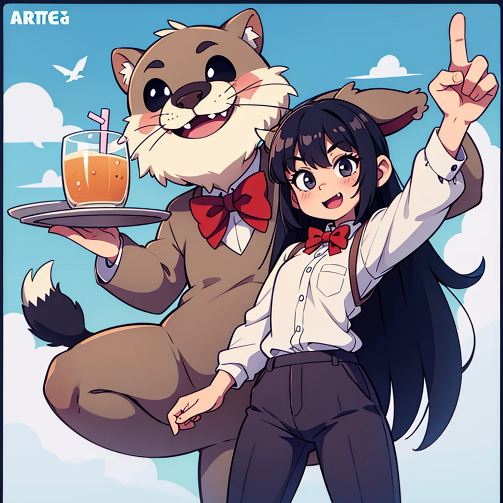 character name, bow, cloud, fang out, bowtie, white border, grey background, otter, drinking glass, sky, animal focus, on stomach