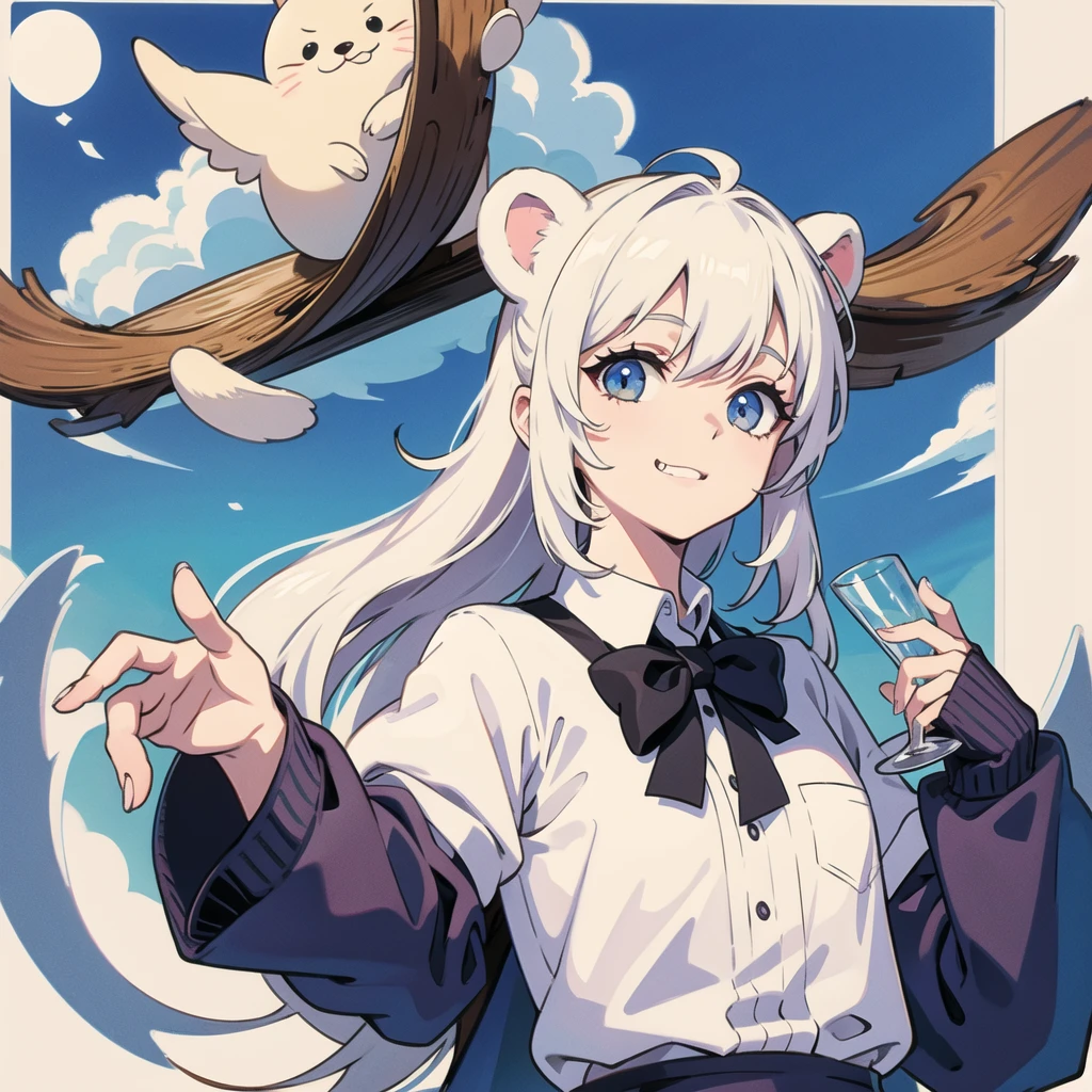 character name, bow, cloud, fang out, bowtie, white border, grey background, otter, drinking glass, sky, animal focus, on stomach