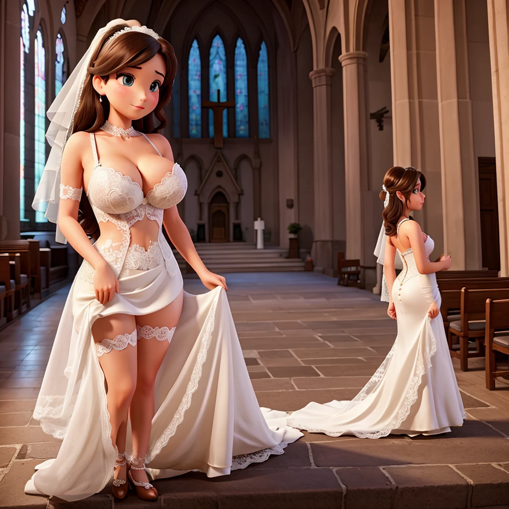 Huge breasted bride in provocative lace bra waiting outside the church