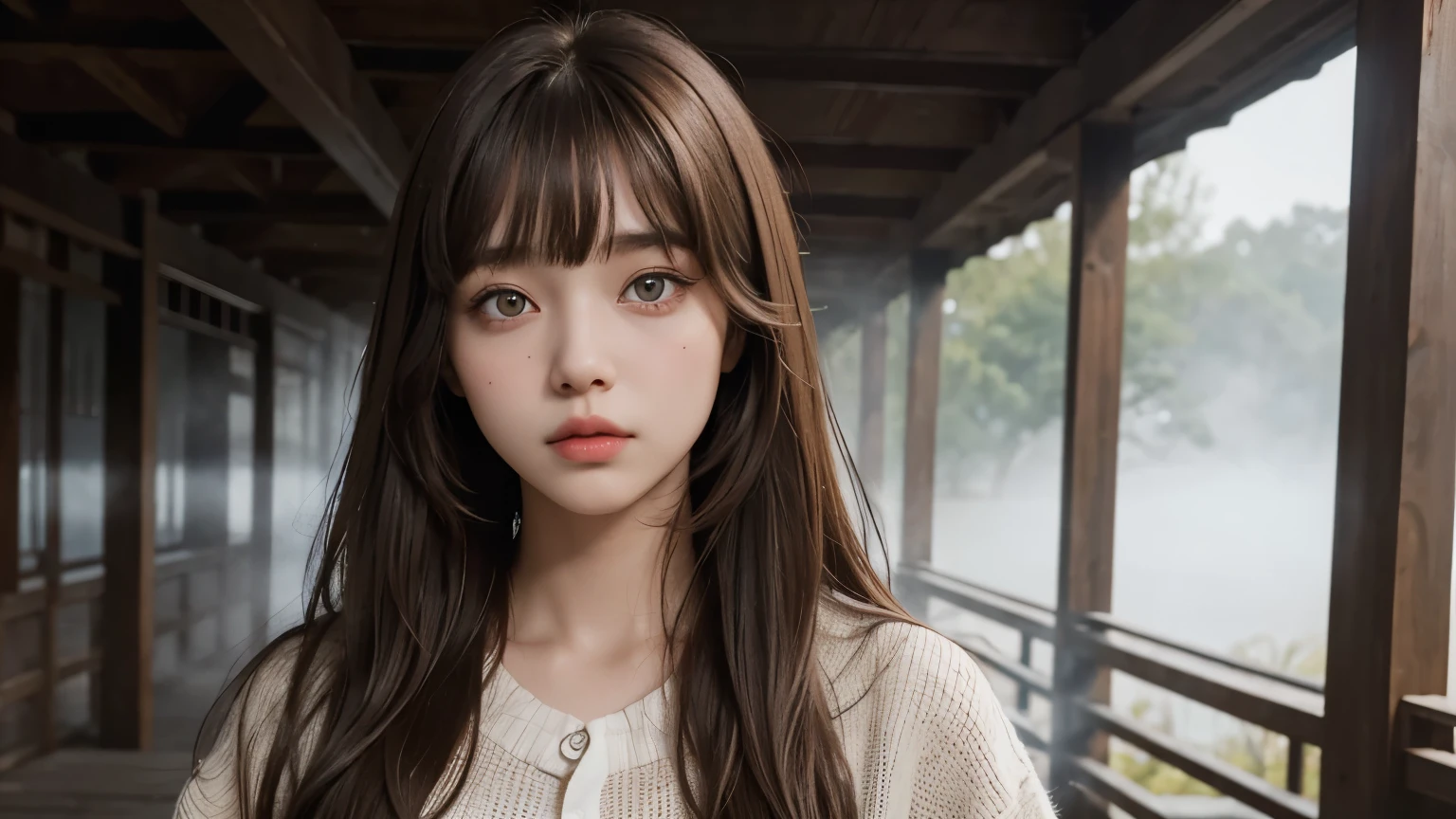A beautiful woman. Twenty years old. Light brown hair. Beautiful double eyes. The bridge of the nose passed through. Well-shaped lips. Her bangs are down. She is looking at the camera with a tense expression. She is wearing modern clothes. A thick fog is surrounding her. She is standing in a creepy country town.
