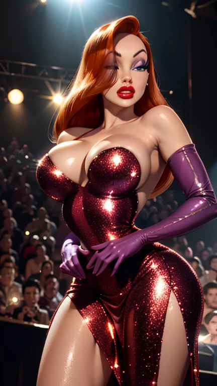 realistic detailed face, Masterpiece 1.3, Perfect Body, toned athletic body, hd, full detailed, jessica rabbit, sideless red dress, (glitter dress), purple sleeve gloves, dark orange hair, detailed eyes, perfect eyes, ultrarealistic green eyes, ultrarealistic heavily oiled shiny skin, pink eye make up, ultrarealistic red lipstick, cleavage, seductive face, seductive look, seductive pose, looking at viewer, cameltoe, on stage, upskirt, round ass,