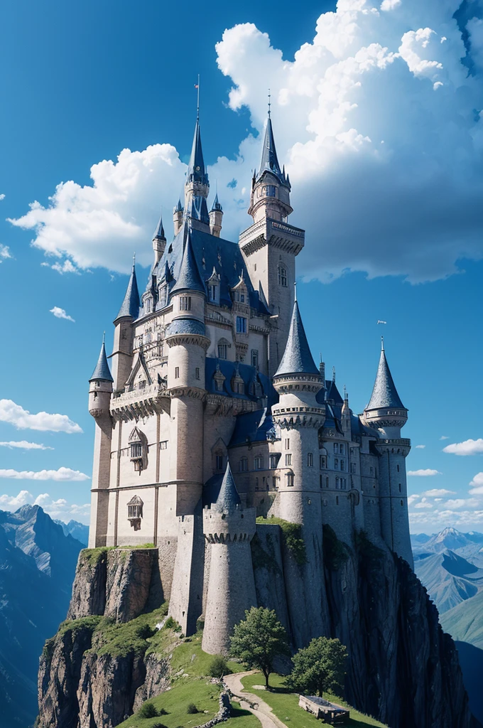 a castle on top of a mountain, high up. blue sky. The 80s dark fantasy style image.