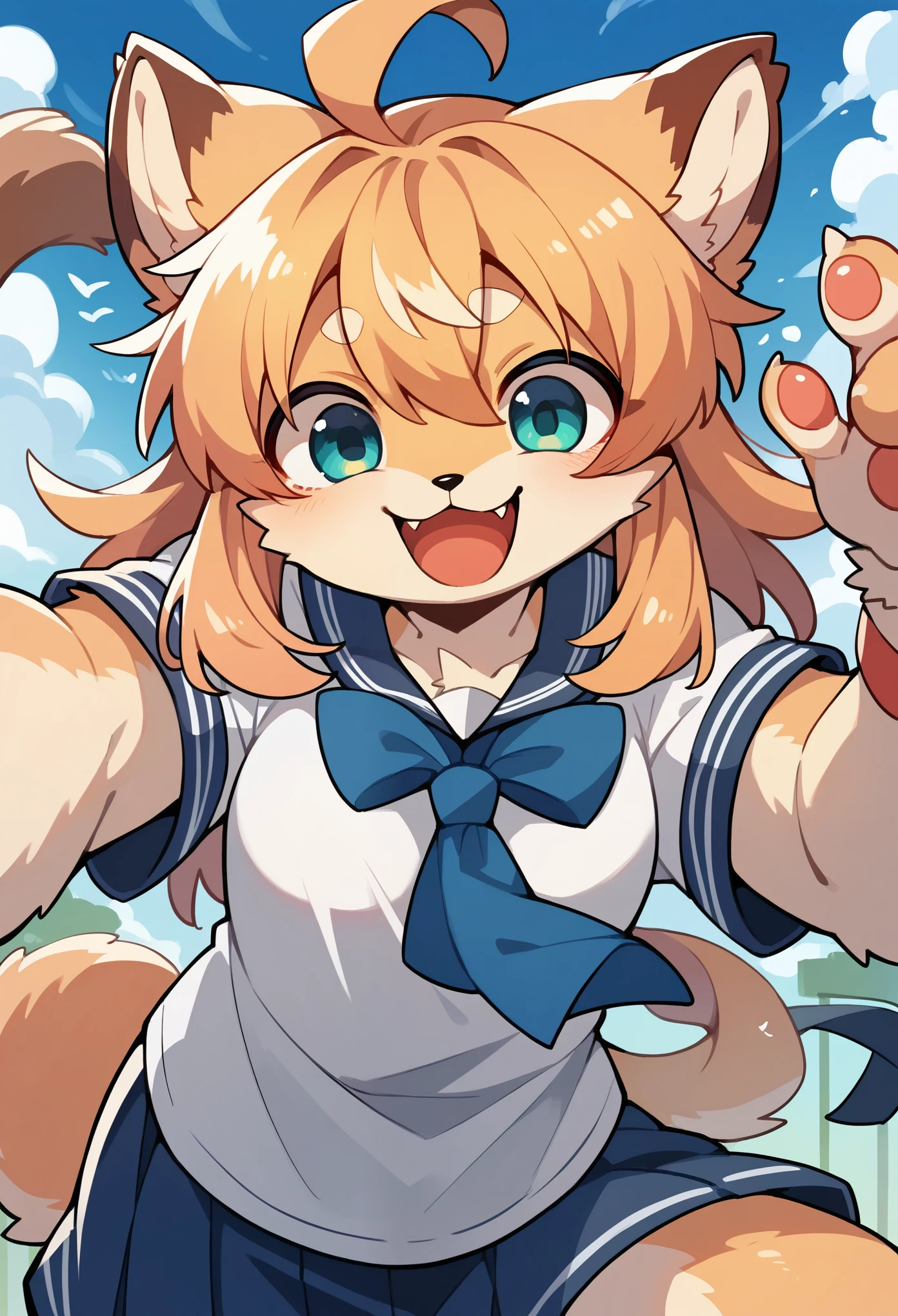 super high resolution, detailed background, school, boy, girl, Happy, joyful, absurdres(Photos of solo travelers)(kemono, furry anthro),