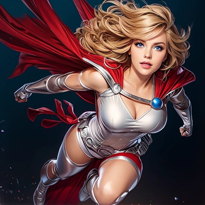 The character Power Girl, perfect costume, red cape, blue gloves, smooth curves, blond hair, perfect blue eyes, beautiful smile, flying in the sky