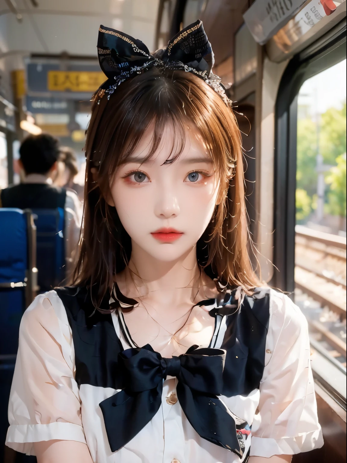 (very delicate and beautiful: 1.2), 1 girl, forehead, pretty eyes, curtsey, brown hair, closed mouth, byway, hair between eyes, Hair curtsey, short sleeve, On the way home from school、commuting by train、looking at viewer, medium hair, alone, upper body, : 1.3, ((alone)), (table top),
