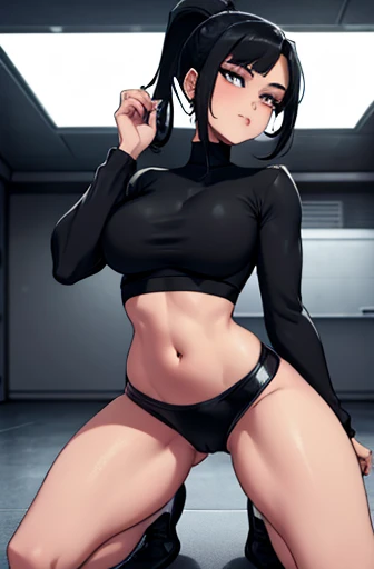 A white girl, with black hair, short with a ponytail, is on a dance floor, with your hands on your knees and sticking your ass out in a sensual movement, She wears tight black pants and a white top with her toned belly showing.. She looks at the photo with a sensual face, biting the lips, while holding one of the breasts.