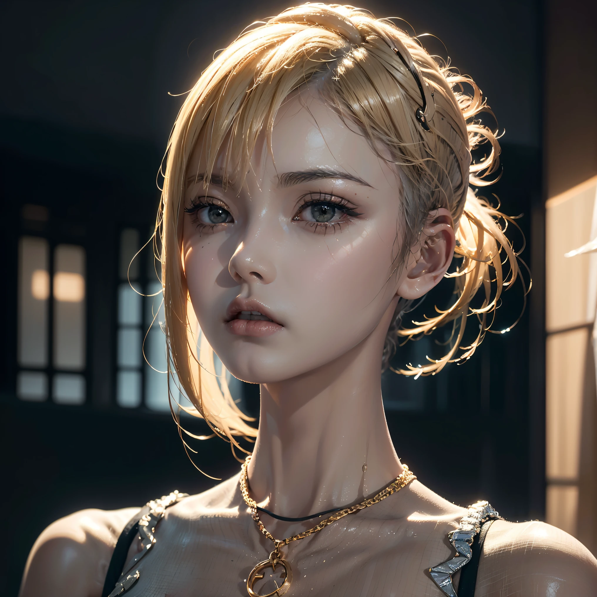 20 year old woman, blonde, (hi-top fade:1.3), dark theme, calm tone, muted colors, high contrast, (natural skin texture, surrealism, soft light, sharp)