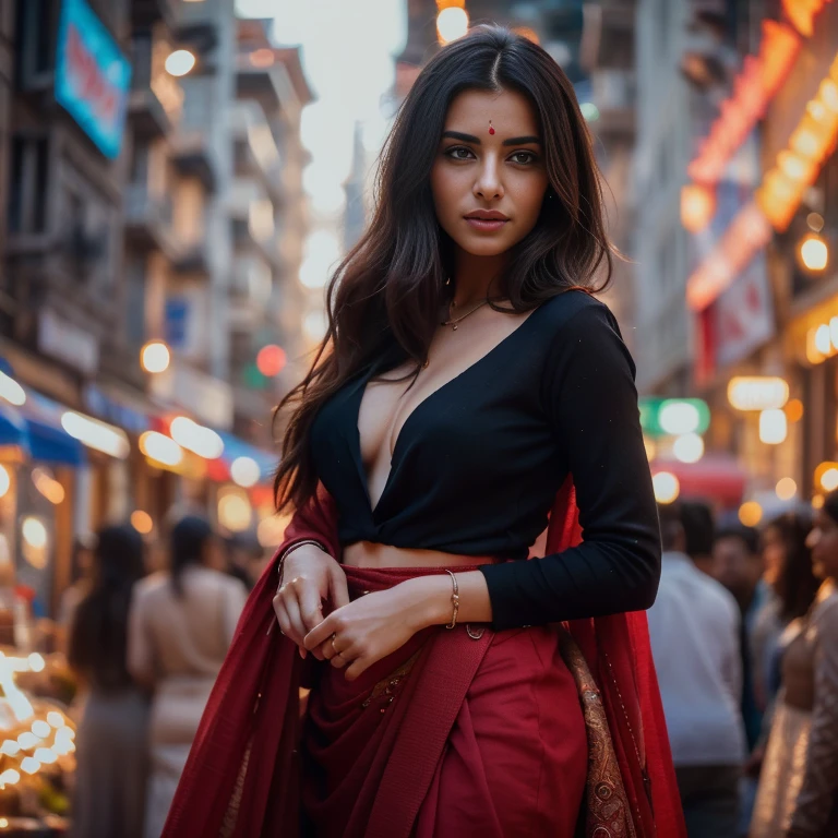 In the bustling streets of a vibrant Indian city, amidst the kaleidoscope of colors and scents, a woman (((Anne Hathaway: Selena Gomez:0.6))) biggest breasts, clad in a vibrant red saree and a black blouse becomes an ethereal sight that captivates all who lay eyes upon her. Her undeniable beauty transcends time and space, leaving onlookers spellbound.
Describe the scene as the woman, with her graceful presence, glides through a crowded marketplace, where merchants and shoppers pause to admire her radiance. Decorate the street with lights and candlee, The atmosphere is alive with whispers as her mesmerizing allure evokes a sense of awe and admiration. Fire works behind
Embark on a journey to reveal the woman’s story—her name, her background, her passions—and the reasons behind her choice of attire. Explore her persona, intertwining elements of mystery and allure, as people speculate on the secrets hiding behind her enchanting gaze.
Incorporate the sights, sounds, and emotions that surround this extraordinary woman, as she navigates through the city’s vibrant tapestry. Whether it be the scent of freshly ground spices, the distant sound of temple bells, or the intricate henna designs adorning her hands, immerse the reader in the sensory experience of this captivating moment.
As the story unfolds, her path intertwines with that of a curious photographer who becomes determined to capture her undeniable beauty in a single photograph. Describe their encounters, the photographer’s attempts to understand her story, and the profound impact this woman’s presence has on his own life.(Blur Background:1.6), (Blue Hue:0.8), (Auto focus:1.4)