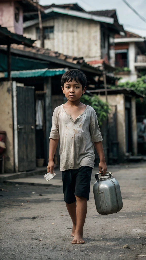 original photo. a 6 year old boy with an Indonesian face. wearing a slightly loose white t-shirt. black shorts. barefoot. holding an empty jerry can. and a piece of money. Walking in the village, there are many houses whose eyes look up as if they are thinking about something. confusion. photorealistic, 16k.