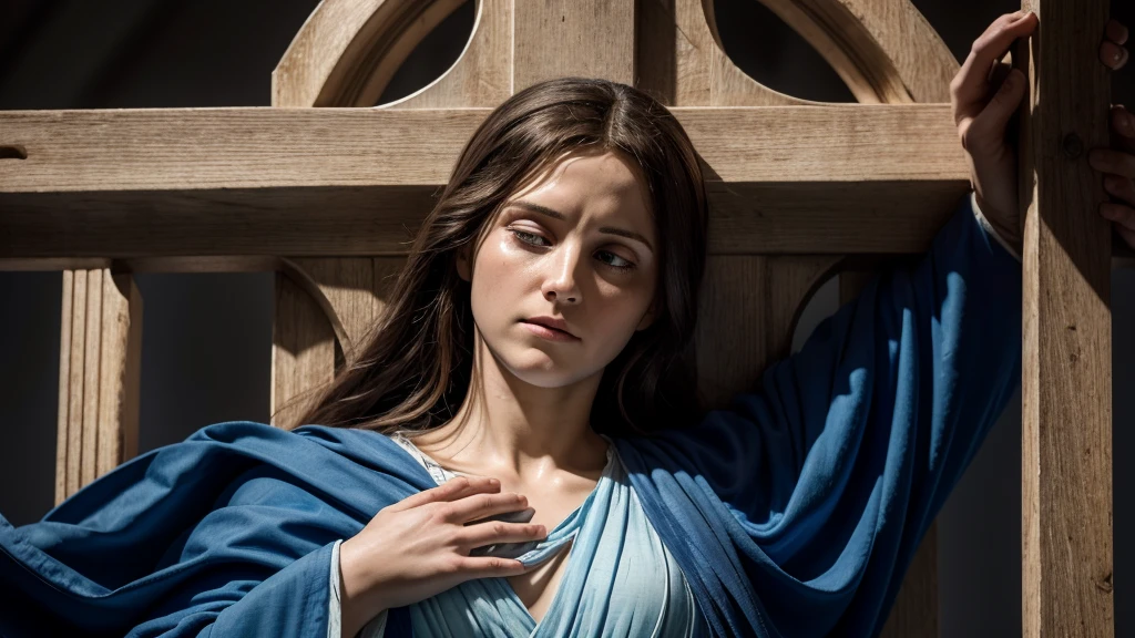 "A deeply emotional scene of the Virgin Mary standing at the foot of the cross during Jesus' crucifixion. Mary's face is filled with sorrow and unwavering faith, her hands clasped in prayer. The dark, stormy sky above and the somber atmosphere enhance the profound grief and devotion. The cross is prominently displayed, with Jesus crucified, while Mary is depicted with a flowing blue and white robe, her eyes reflecting immense pain and divine acceptance. The entire scene conveys an atmosphere of ultimate sacrifice and maternal love, set in a realistic, photographic style --ar 16:9 --v 6.0 --style raw --s 0"