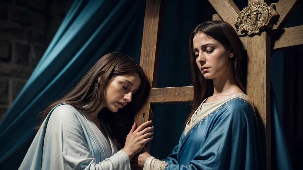 "A deeply emotional scene of the Virgin Mary standing at the foot of the cross during Jesus' crucifixion. Mary's face is filled with sorrow and unwavering faith, her hands clasped in prayer. The dark, stormy sky above and the somber atmosphere enhance the profound grief and devotion. The cross is prominently displayed, with Jesus crucified, while Mary is depicted with a flowing blue and white robe, her eyes reflecting immense pain and divine acceptance. The entire scene conveys an atmosphere of ultimate sacrifice and maternal love, set in a realistic, photographic style --ar 16:9 --v 6.0 --style raw --s 0"