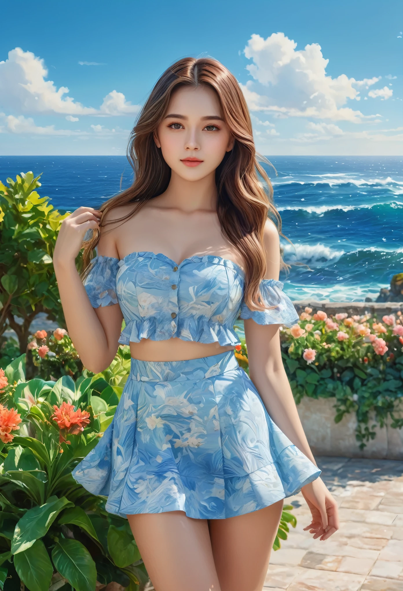 a beautiful girl in a garden, 1 girl, long hair, blue sky, ocean, short skirt, (very detailed background:1.0), (very detailed background:1.0), (best quality,4k,8k,highres,masterpiece:1.2),ultra-detailed,(realistic,photorealistic,photo-realistic:1.37),vibrant colors,natural lighting,impressionistic painting style,detailed facial features,detailed clothing,detailed landscape,detailed ocean waves,detailed sky