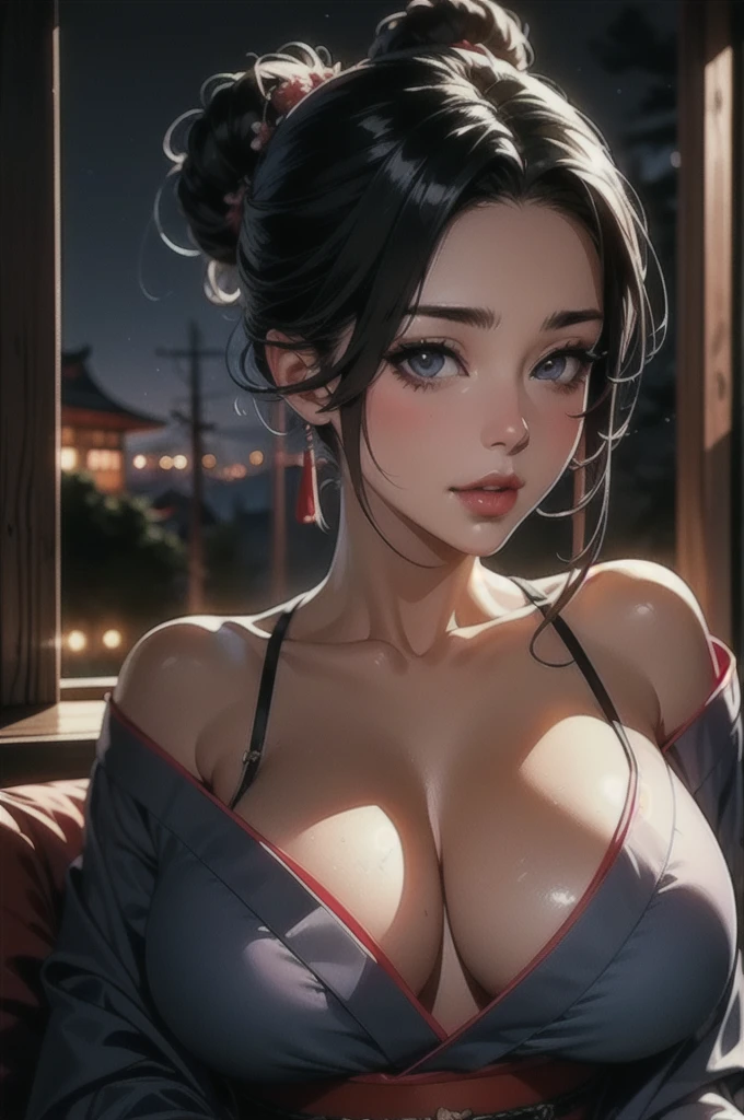 (masterpiece, best quality, unity 8k wallpaper, highres), ambient light, 1milf, solo, (super_beautiful_detailed hair face eyes nose mouth skin, slender:1.3), BREAK
(Night:1.7), Before Window, sitting at attention, sitting on couch, purple_kimono,sash, shouji, shrine, japanese_clothes, black_hair, Hair_bun, lipstick, Manga, 30yo, mature female, gigantic long sagging breasts, looking at viewer