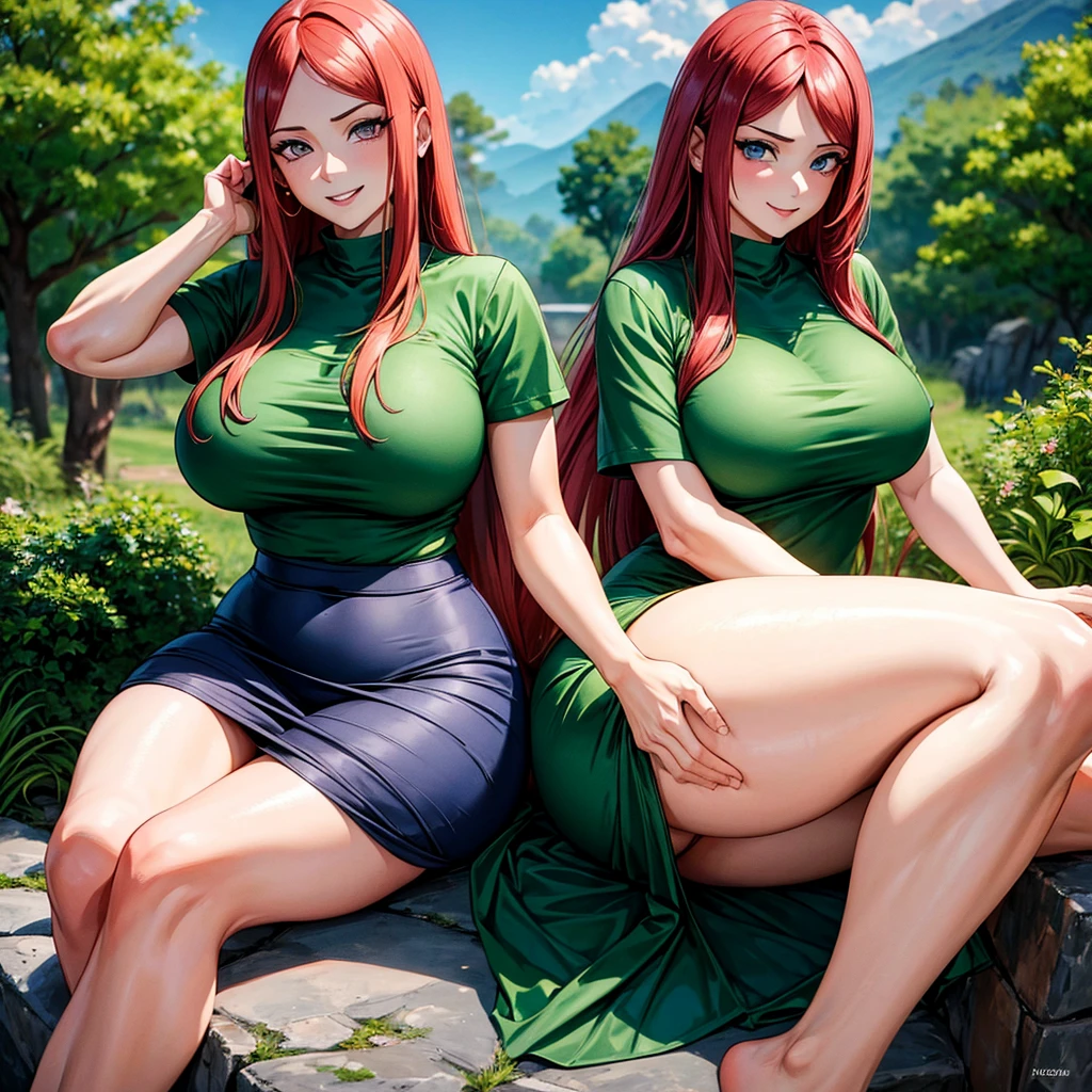 uzumaki_kushina,massive large_breasts, large thighs,large_ass, solo, green shirt,shirt up,tight dress, short skirts, masterpiece, best quality, detailed face, detailed eyes, highres, (masterpiece:1.4, best quality:1.2), (Highres), (Detailed Illustration), Ultra-Detailed, konohagakure, sitting straight, spread leg,looking in front, smiling playfully with a mischievous glint in the eyes