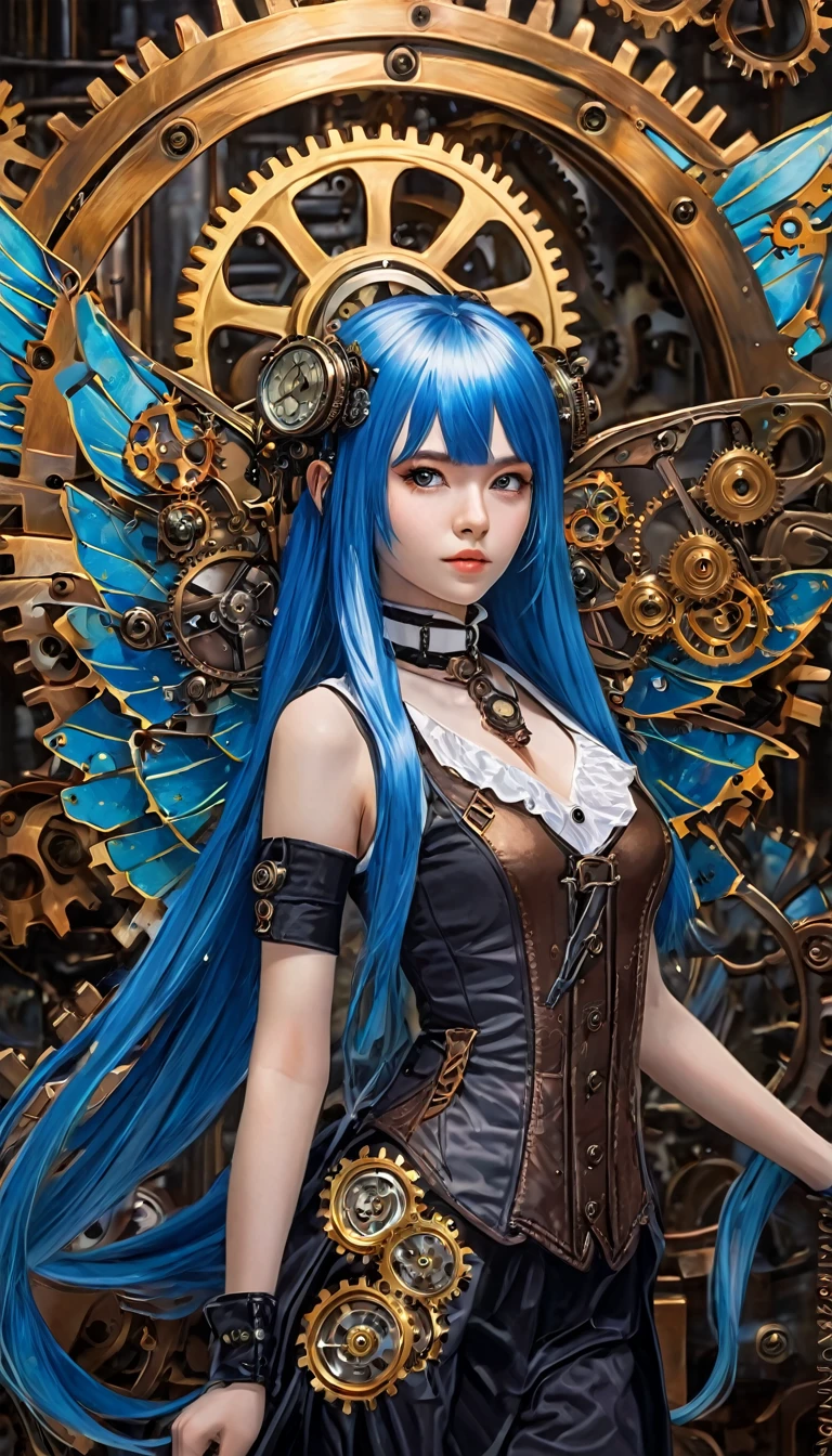 realistic highly detailed oil painting, 1girl, asymmetrical wings, long blue hair, houjuu nue, Wambu, Wambu_Draws, detailed clockwork background, intricate gears, steampunk, dramatic lighting, cinematic, moody atmosphere, vivid colors, masterpiece, (best quality,8k,highres,masterpiece:1.2),ultra-detailed,(realistic,photorealistic,photo-realistic:1.37),studio lighting,extreme detail description,professional