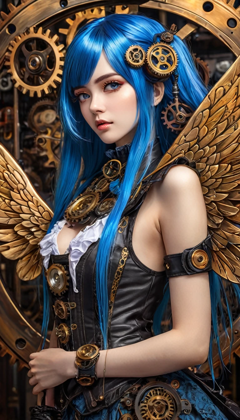 realistic highly detailed oil painting, 1girl, asymmetrical wings, long blue hair, houjuu nue, Wambu, Wambu_Draws, detailed clockwork background, intricate gears, steampunk, dramatic lighting, cinematic, moody atmosphere, vivid colors, masterpiece, (best quality,8k,highres,masterpiece:1.2),ultra-detailed,(realistic,photorealistic,photo-realistic:1.37),studio lighting,extreme detail description,professional
