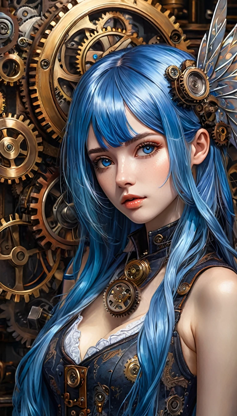 realistic highly detailed oil painting, 1girl, asymmetrical wings, long blue hair, houjuu nue, Wambu, Wambu_Draws, detailed clockwork background, intricate gears, steampunk, dramatic lighting, cinematic, moody atmosphere, vivid colors, masterpiece, (best quality,8k,highres,masterpiece:1.2),ultra-detailed,(realistic,photorealistic,photo-realistic:1.37),studio lighting,extreme detail description,professional