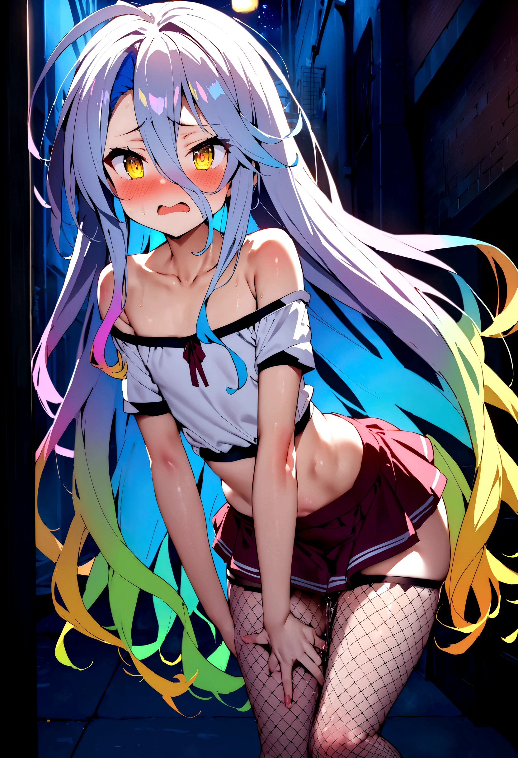 NSFW,masterpiece,Highest quality,High resolution,Super detailed,Shiro \(no game No life\),Long Hair,Multicolored Hair,Hair between the eyes,Gradient Hair,Yellow Eyes,Flat Chest,Slave,Off the shoulder,cropped,Micro Mini Skirt,Fishnet tights,Downtown at night,alley,Ecstasy face,Embarrassed,blush,Leg spread,orgasm,Climax,Squirting,Roll your eyes、squint,Are standing,Prostitute,One man,Having sex,penis,Insert