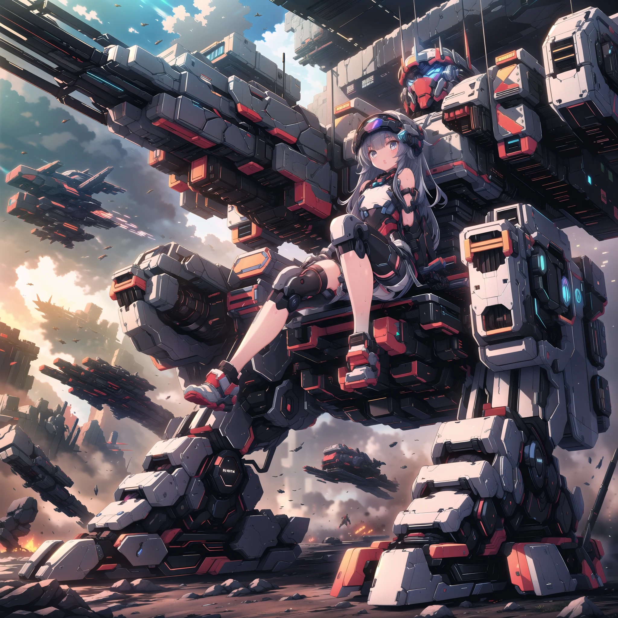 (masterpiece:1.2), best quality, high resolution, extremely detailed CG, absurdres, highres, Sci-fi world where a girl in bodysuit sits inside a machine with giant robot arms and legs on a battlefield, and the girl holds the lever of the machine,Colorful portraits