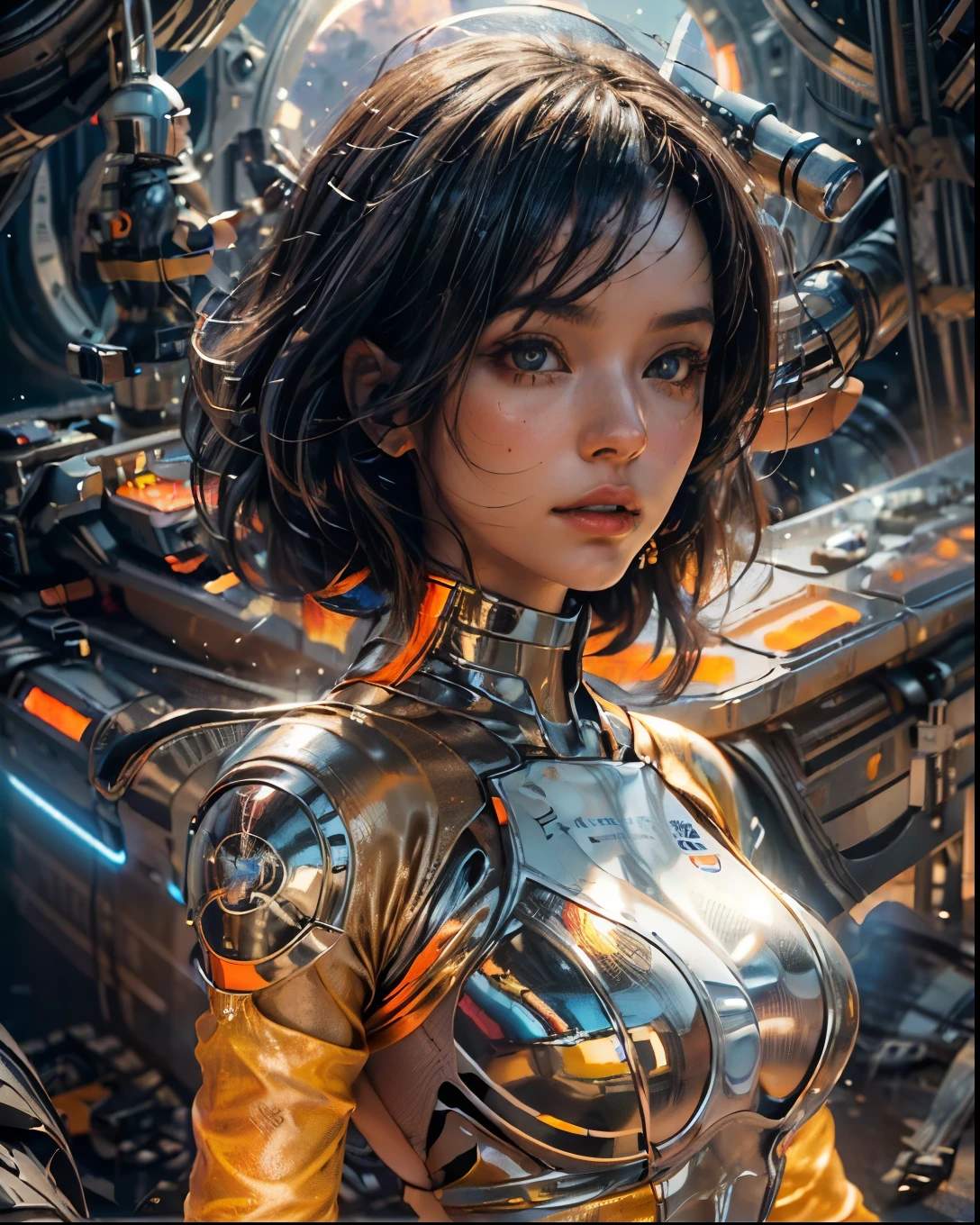 (((low angle shot))), ((1 woman staring at camera in a one piece ultra thin translucent bikini with gorgeous muscular long legs)), ((white gold orange black)), prismatic, reflective, ((ultra perfect flowing hairstyle)), (((huge natural breasts))), ((perfect radiant skin color)), ((super colourful)), (((cinematic sunset gorgeous skies))), (((detailed spaceship background and incredibly sci-fi retro art masterpiece))), (((1:1 scale proportions))), ((science fiction)), ((chrome spaceships)), (((ultra photorealistic realism))), ((Smooth curves, clean lines, streamlined, functional aesthetics, reflective surfaces, integrated lighting, giant floating spaceships, engraved Egyptian and spiritual motifs)), ((acrylic plastic motorcycle))