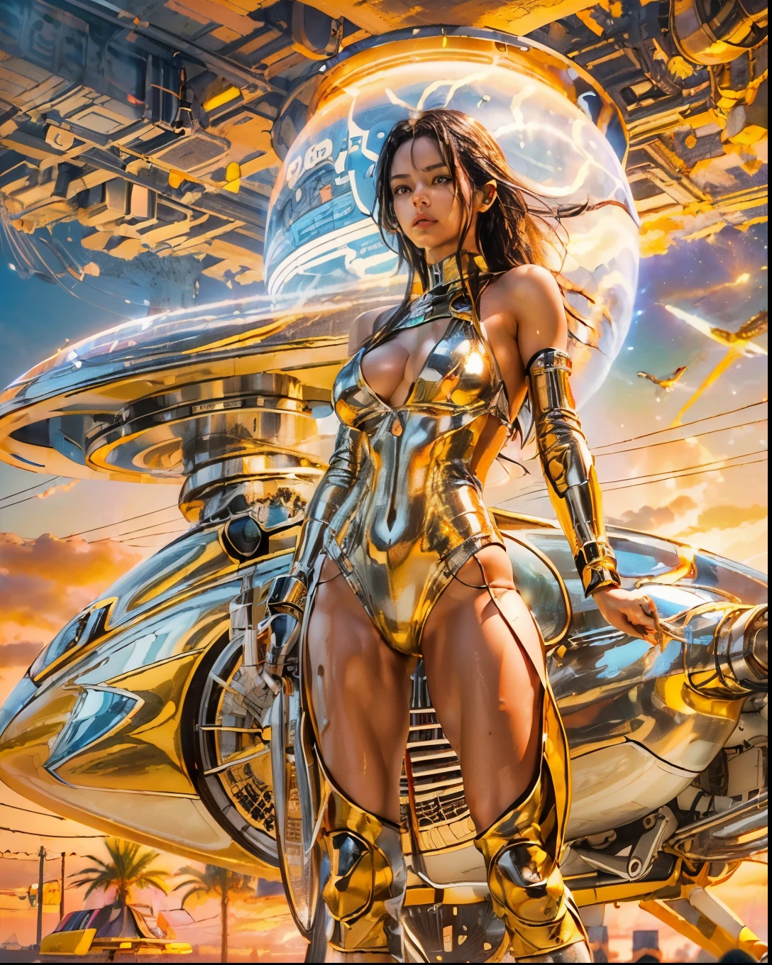 (((low angle shot))), ((1 woman staring at camera in a one piece ultra thin translucent bikini with gorgeous muscular long legs)), ((white gold orange black)), prismatic, reflective, ((ultra perfect flowing hairstyle)), (((huge natural breasts))), ((perfect radiant skin color)), ((super colourful)), (((cinematic sunset gorgeous skies))), (((detailed spaceship background and incredibly sci-fi retro art masterpiece))), (((1:1 scale proportions))), ((science fiction)), ((chrome spaceships)), (((ultra photorealistic realism))), ((Smooth curves, clean lines, streamlined, functional aesthetics, reflective surfaces, integrated lighting, giant floating spaceships, engraved Egyptian and spiritual motifs)), ((acrylic plastic motorcycle))