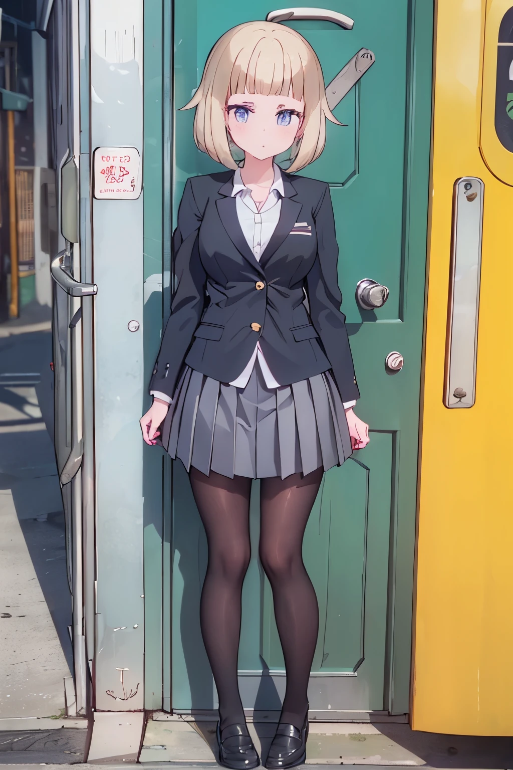 (8K、Highest quality、highest quality、masterpiece)、Detailed face、One girl、on the train、Touch the door with both hands、Press against chest、((ドアの窓ガラスにPress against chest1.4))、、short hair、、blunt bangs、Grey Eyes、、、((Blazer jacket uniform))、((Pleated skirt))、((No panties))、((bent over))、Back Alley Background、Very large breasts、Nipples are visible、、Black Pantyhose、Milk dripping from nippleilk spurting from the nipple、、Open your mouth、Troubled face、Love juice from the genitals、Full body portrait、Black Loafers、One man、Hearts in the eyes、Sex with a man、A man stands behind、A man grabs my waist from behind、Standing doggy style、Put your hand on the door、Exposing the breasts、Bare your breasts
