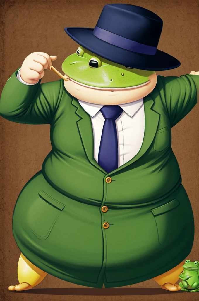 Fat feminist fighting with a frog in a hat and tie
