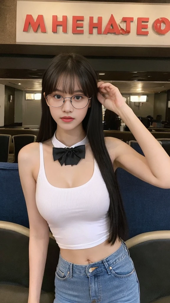 (Actually, the resolution is high.:1.3),A girl with a perfect body, slender face and eyes, long black hair, white tank top.:1.2 Jeans shorts in the movie theater, big breasts, showing breasts, wearing glasses, bow tie.