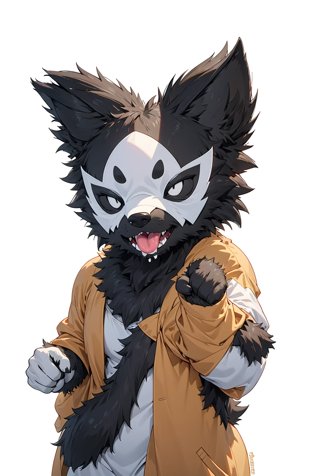 Black hair, Dark Skin, White Mask ,furry,make a fist, Pink tongue, Black nose, Black broken corner, fur garment, fur garment!!!!, hairy character, Full body mascot, hyena, SFW, macro hairy, hairy fursona, hairy, the hairy fur garment is running, Anthropomorphic coyote male, hairy mawshot, hairy furaffinity, 8K, super detail, uhd, masterpiece, anatomically correct, ccurate, super detail, high details, high quality, best quality, highres, 16K