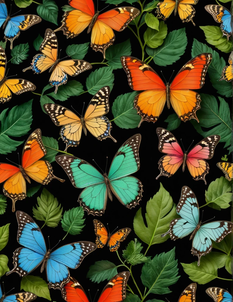 A high-resolution image of vibrant, colorful butterflies fluttering among an array of feathers, flowers, leaves, and vines. The butterflies showcase a spectrum of colors and intricate wing patterns, while the feathers add texture with their delicate plumes. The flowers are in full bloom, displaying a variety of shapes and hues, nestled among lush green leaves. Vines weave through the scene, adding depth and connecting all elements. The background is softly lit, enhancing the vividness of the colors and creating a harmonious and enchanting natural environment.