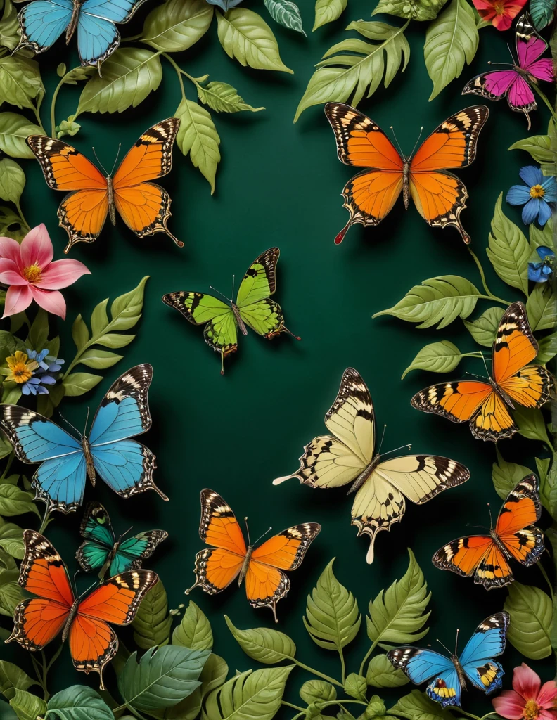 A high-resolution image of vibrant, colorful butterflies fluttering among an array of feathers, flowers, leaves, and vines. The butterflies showcase a spectrum of colors and intricate wing patterns, while the feathers add texture with their delicate plumes. The flowers are in full bloom, displaying a variety of shapes and hues, nestled among lush green leaves. Vines weave through the scene, adding depth and connecting all elements. The background is softly lit, enhancing the vividness of the colors and creating a harmonious and enchanting natural environment.