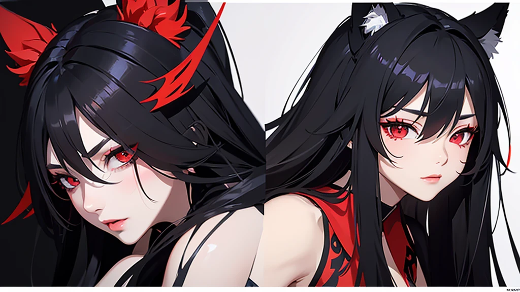 Black simple background。 A lustful virgin sits drunk and red faced。 Long white hair and wolf ears。Red eyes。Heavy makeup。 Ninja costume with main color black and sub color red。 Side angle close up of ass。 Draw hands in detail。