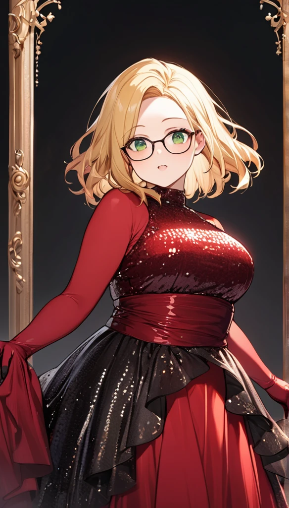 chubby girl, blonde, green eyes, medium length hair, open forehead, without bangs, glasses with black square frames
red dress, long dress, elegant dress, sequined dress, gloves, red gloves