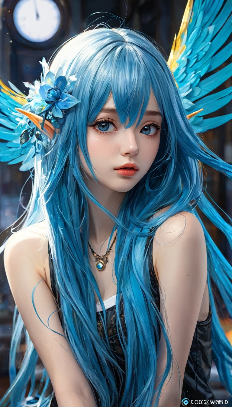 houjuu nue, asymmetrical wings, Wambu, Wambu_Draws, long blue hair, clockworld scene, oil painting, best quality, 4k, 8k, highres, masterpiece, ultra-detailed, realistic, photorealistic, photo-realistic, HDR, UHD, studio lighting, ultra-fine painting, sharp focus, physically-based rendering, extreme detail description, professional, vivid colors, bokeh, portraits, concept artists, blue, teal, cyan, cool colors