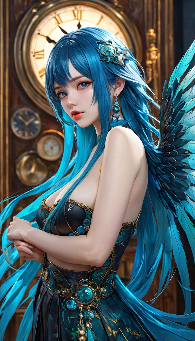 houjuu nue, asymmetrical wings, Wambu, Wambu_Draws, long blue hair, clockworld scene, oil painting, best quality, 4k, 8k, highres, masterpiece, ultra-detailed, realistic, photorealistic, photo-realistic, HDR, UHD, studio lighting, ultra-fine painting, sharp focus, physically-based rendering, extreme detail description, professional, vivid colors, bokeh, portraits, concept artists, blue, teal, cyan, cool colors