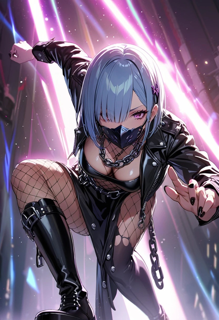 best quality, masterpiece, ultra-detailed, illustration, dynamic pose, Rem from Re:Zero, blue short hair, hair over one eye, (perfectly proportionate body), eyeliner, tired, wearing a leather jacket, (covid face mask), adorned with studded accessories, platform boots, layered necklaces, bold patterns, (torn fishnets), dramatic makeup, black nail polish, oversized rings, chains and buckles, black lipstick, busty body, wearing a crop-top, close-up shot, cinematic lighting, volumetric lighting, vibrant colors, ray tracing, 